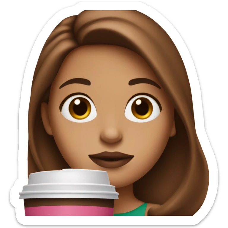 Girl with pink lips and brown hair holding starbucks coffee sticker