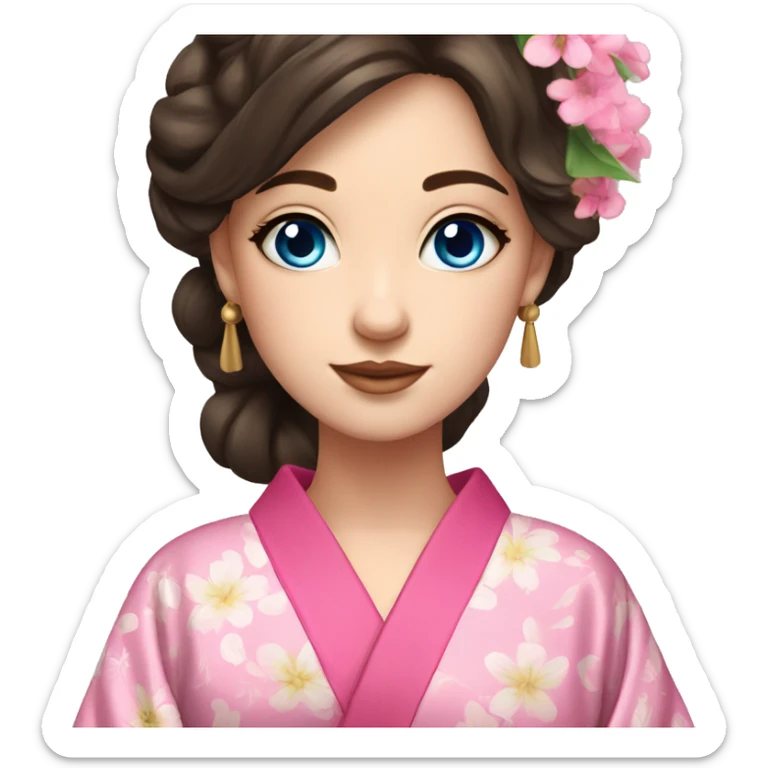 cute brunette girl with blue eyes in pink flower kimono sticker