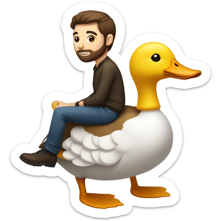 White Man with dark brown hair and a short beard riding on the back of a giant duck sticker