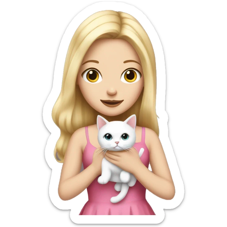 A white girl blonde hair with a pink dress holding a white cat sticker