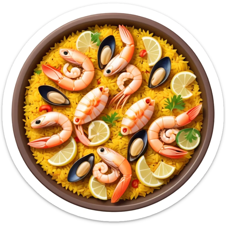 cinematic-realistic-paella-dish-emoji,-depicted-as-a-vibrant,-aromatic-rice-dish-loaded-with-seafood,-chicken,-and-saffron-rendered-with-rich-textures-and-dynamic,-warm-lighting with a lemon slice in the middle sticker