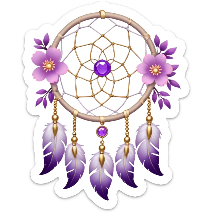 A white Dreamcatcher with purple-round-orb-stones, gold-ring-accents, purple tint flowers, pink sakura flowers, sticker