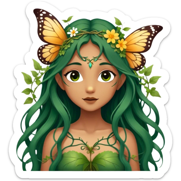 Cinematic Realistic Forest Nymph Fairy portrait, with butterfly wings and depicted with lifelike, sun-kissed tanned skin that radiates an earthy glow, softly illuminated by natural, dappled light. Her long, flowing dark green hair is intricately detailed and interwoven with delicate vines and wildflowers, while her deep, soulful eyes mirror the wisdom of the forest. Dressed in an attire inspired by nature’s palette—with subtle botanical motifs—the portrait exudes a soft, enchanted glow that melds realism with woodland magic. sticker