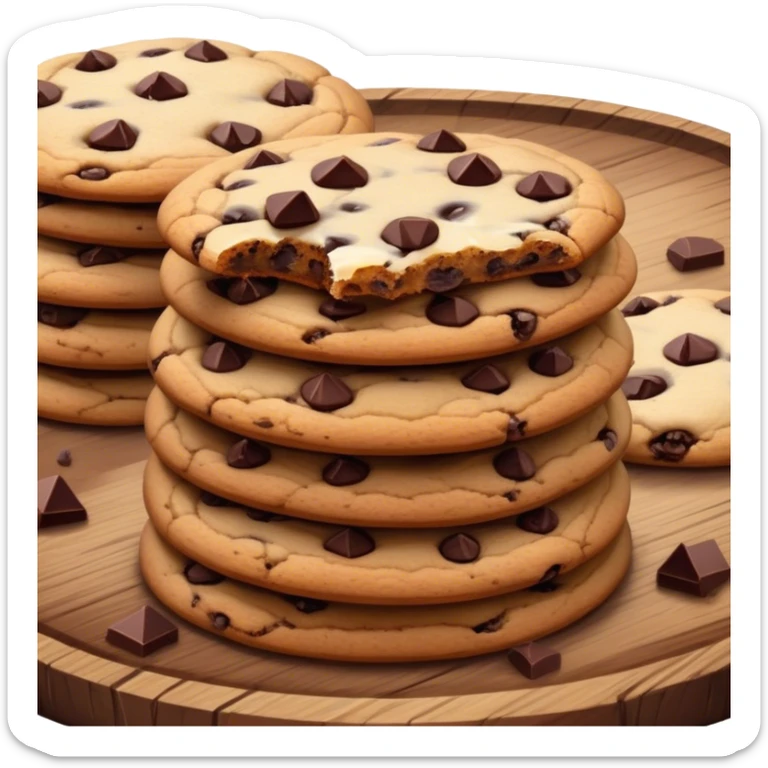 Cinematic crunchy chocolate chip cookies, freshly baked, golden-brown with gooey melted chocolate chunks, stacked on a rustic wooden plate, soft warm lighting, cozy and delicious. sticker