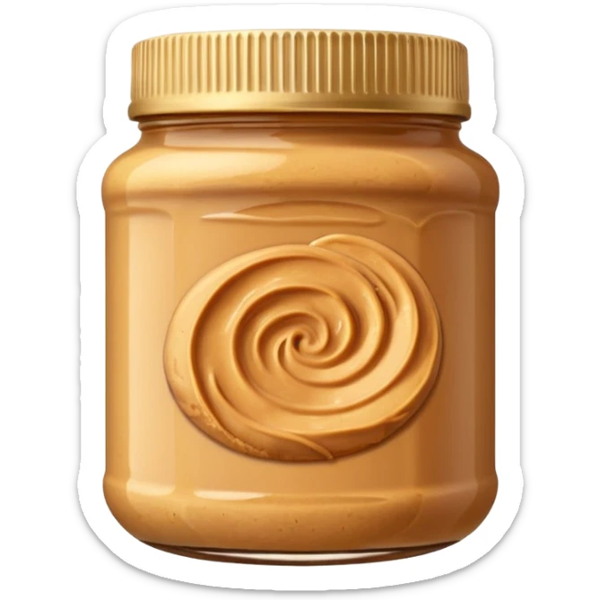clean transparent jar of peanut butter with creamy golden-brown swirl, simple lid, no label, rich thick texture, soft lighting, subtle shadows, emoji scale sticker