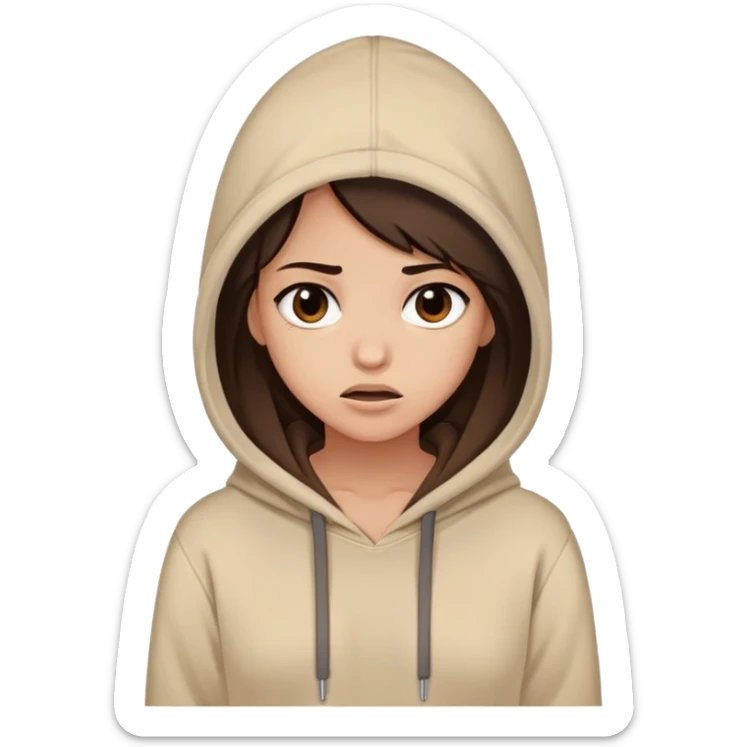 A girl in a beige hoodie with dark brown hair with a facial expression "what the fuck?" sticker