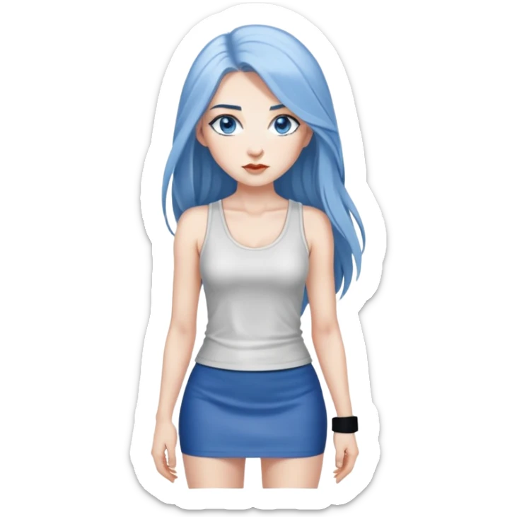 hyperrealist caucasian, long blue hair, blue eyes, woman, white decollette tank top, gray tight mini skirt, black high heels, frontal view sticker