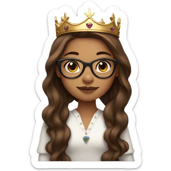 Girl with long brown hair wearing a crown, and glasses and tattoos sticker