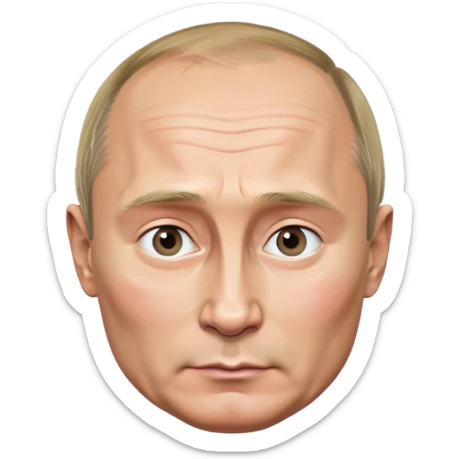 Photorealistic portrait of Vladimir Putin, extremely high detail and realism, round face with a hint of emoji style, polished and clean, serious expression sticker