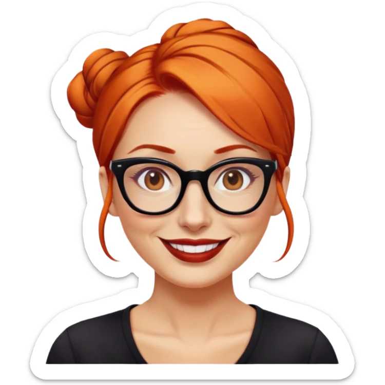 nữ 40 tuổi, da trắng,môi đỏ thẫm, tóc búi gọn gàng màu cam, đeo kính đen, mặt cười tươi, hơi có nếp nhăn, áo đen sticker