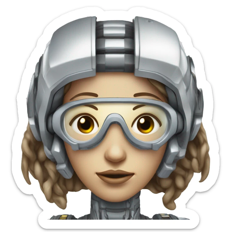 female cyborg head, fair skin, Brown long hair with blonde steaks, space age goggles and circuits sticker