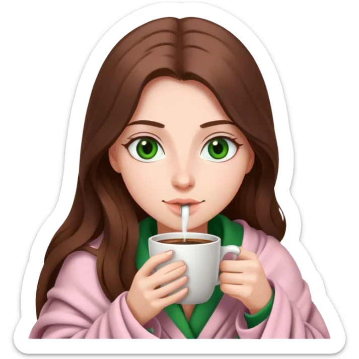 woman with very long brown hair and green eyes in a light pink blanket sipping coffee sticker
