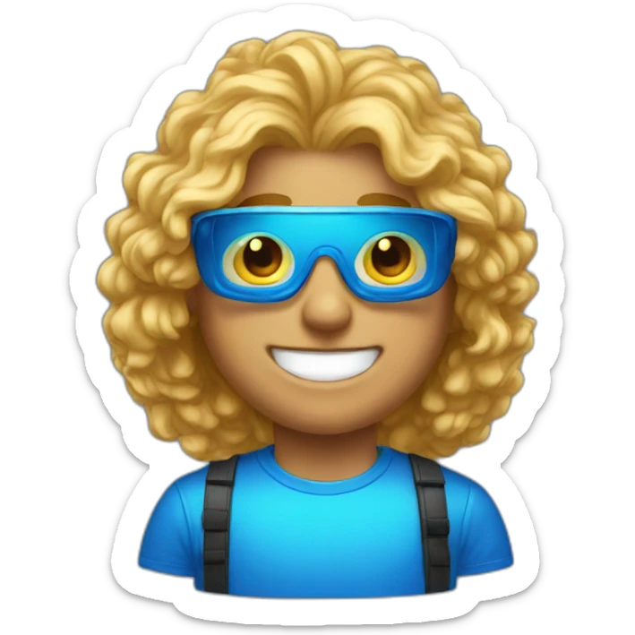guy with golden lacy hair, blue vr glasses, blue supreme shirt and shiny teeth sticker