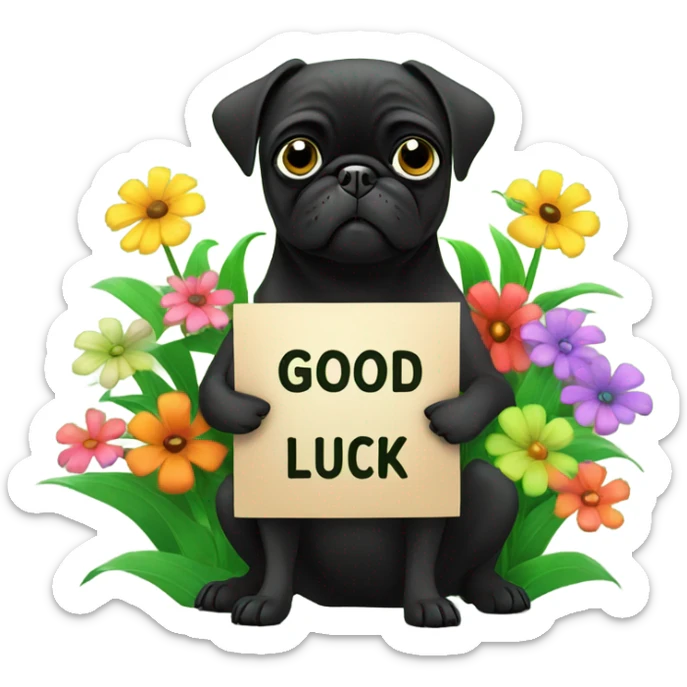 Black pug , surrounded by flowers, holding a green sign that says “good luck”  sticker