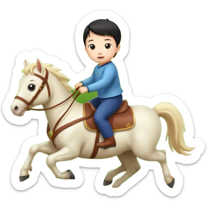l little chinese baby riding on a  cute horse running really fast on the grass with 2026 year's label sticker