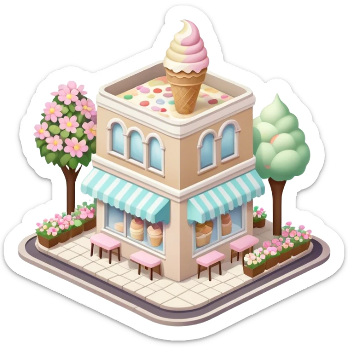isometric exterior little beige and white ice cream parlour with abundant pastel florals everywhere sticker