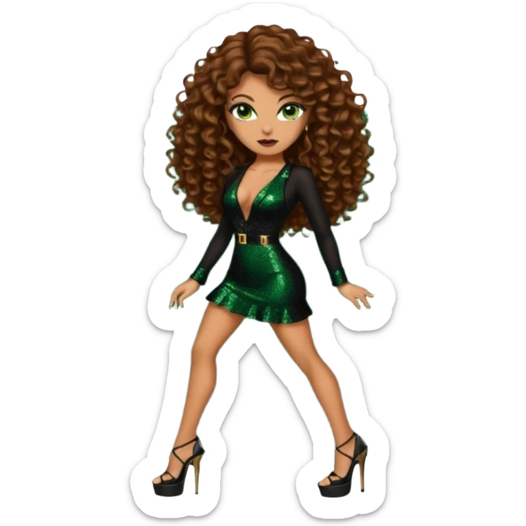 green eyes brown long curly hair woman, mafia boss style with 7 inch platform stripper high heels black glitter dress, Los Angeles Spanish style black outfit sticker