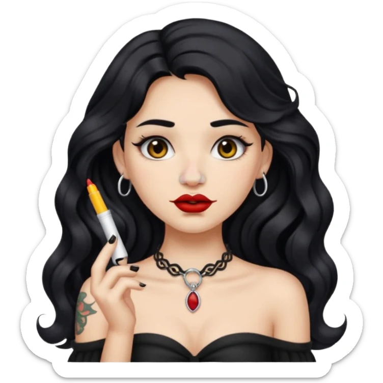 I want to create a female emoji with long black wavy hair and collar bone tattoo that says “me before you” and she has her nose pierced and black lip stick sticker
