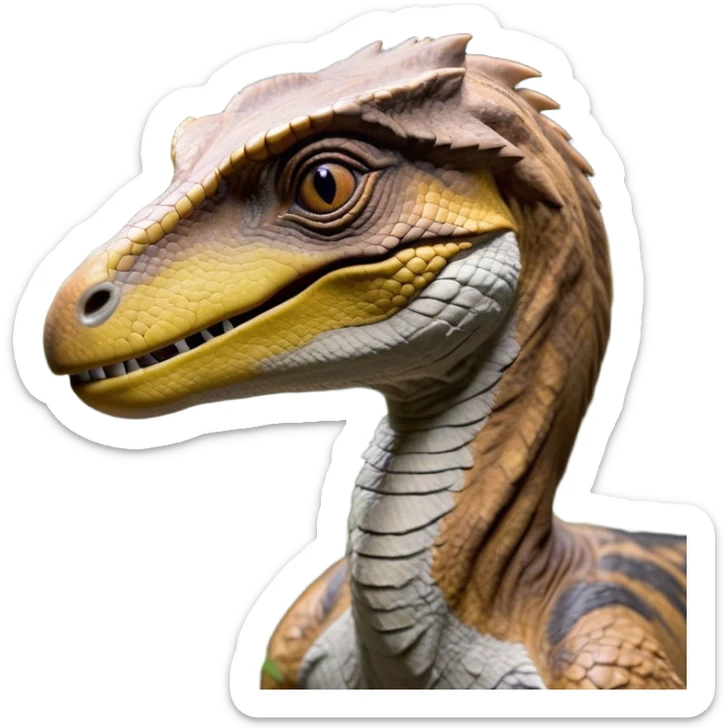 Beautiful and Majestic jurassic park Velociraptor Portrait Emoji, Head and body rendered in serene repose with a subtle, confident smile, showcasing a lithe, agile form with a refined, noble snout and eyes softly closed in tranquil contemplation, Simplified yet exquisitely endearing features, highly detailed, glowing with a soft, drowsy prehistoric light, high shine, relaxed and utterly majestic, stylized with an air of timeless dinosaur elegance, soft glowing outline, capturing the essence of a beautiful and majestic jurassic park Velociraptor that embodies the legendary spirit of jurassic park Park dynamics! sticker