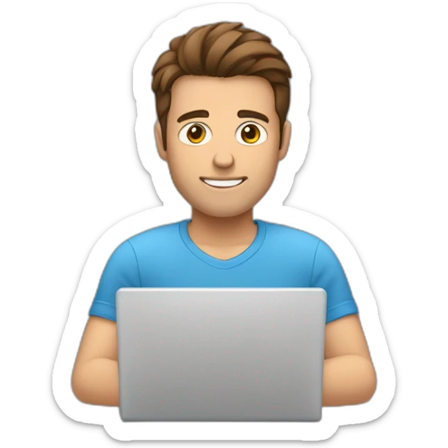 A man with brown hair, brown eyes, and a blue shirt. He is typing a message on his laptop sticker