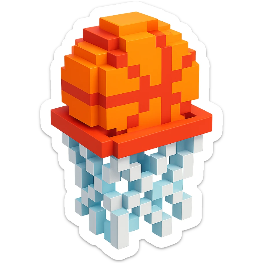 Voxel-style basketball in a net, no background, variation 1. sticker