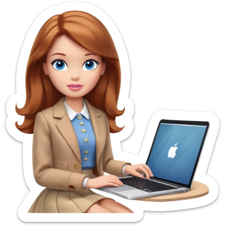A Barbie girl with blue eyes, shoulder-length reddish-brown hair, made-up, wearing a beige tweed jacket and a beige skirt, is sitting with a MacBook sticker