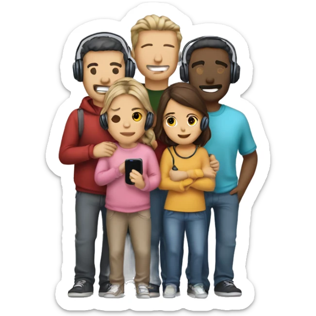 A group of five to seven humans cuddling with casual cloths, having headsets on and holding telephones  sticker