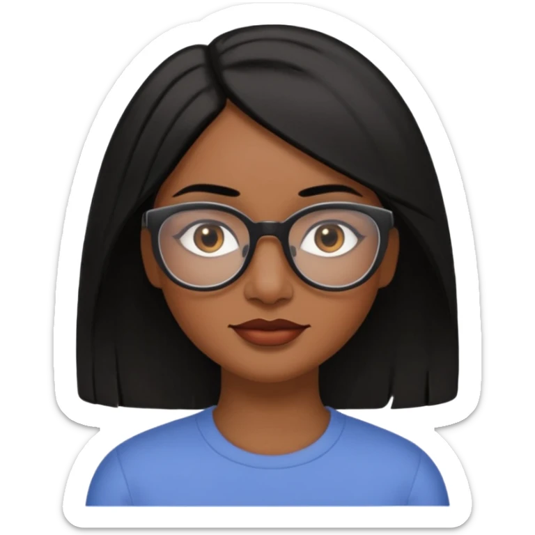 A 30 year woman emoji with medium-dark skin, straight shoulder-length black hair parted to the side, an oval-shaped face, arched dark eyebrows, large brown eyes with glasses, a small nose, and natural-toned lips. sticker