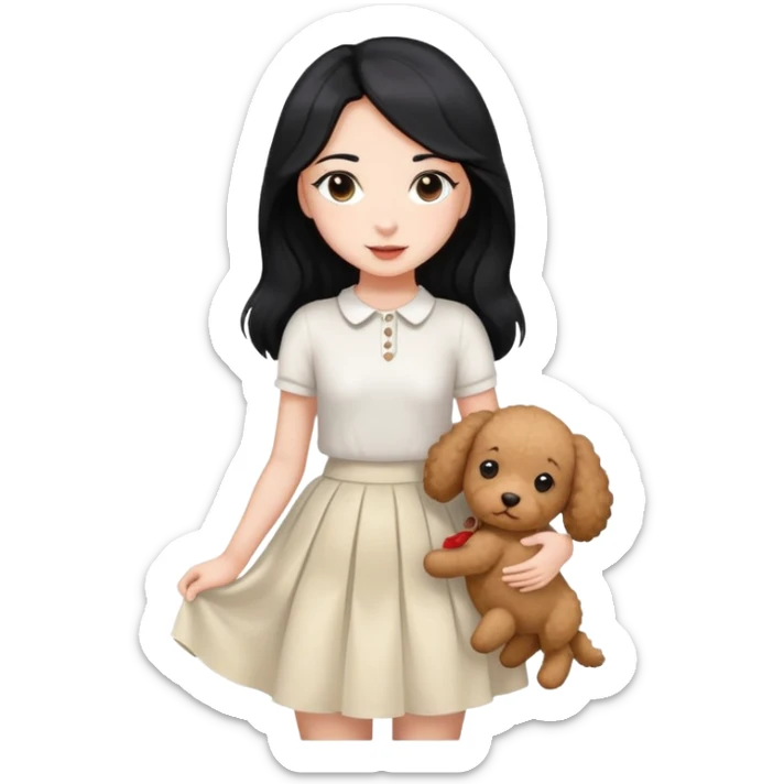 A beautiful girl with long straight black hair wearing a white skirt holding a small brown curly teddy dog sticker
