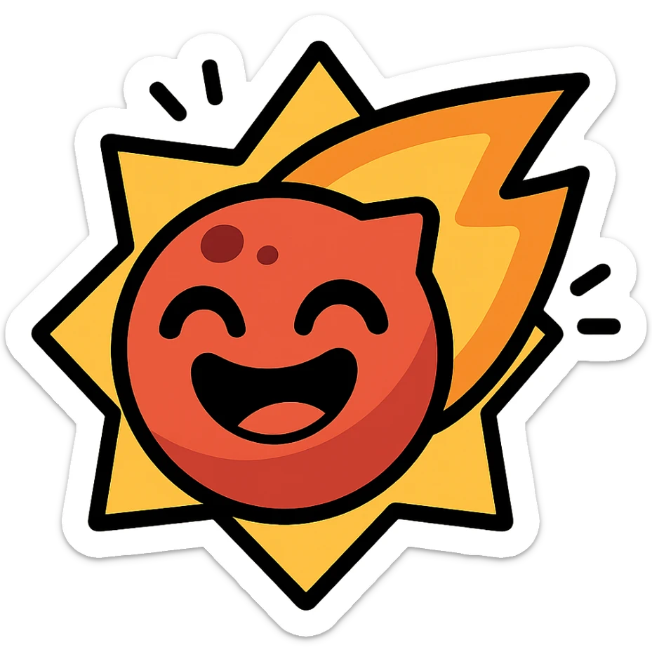 Brawl Stars pin of a smiling meteor with a fame aura, bold outlines, playful expression sticker