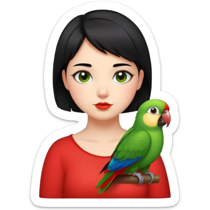 A chubby cheeks girl with short black hair with a green red lip parrot on her shoulder  sticker