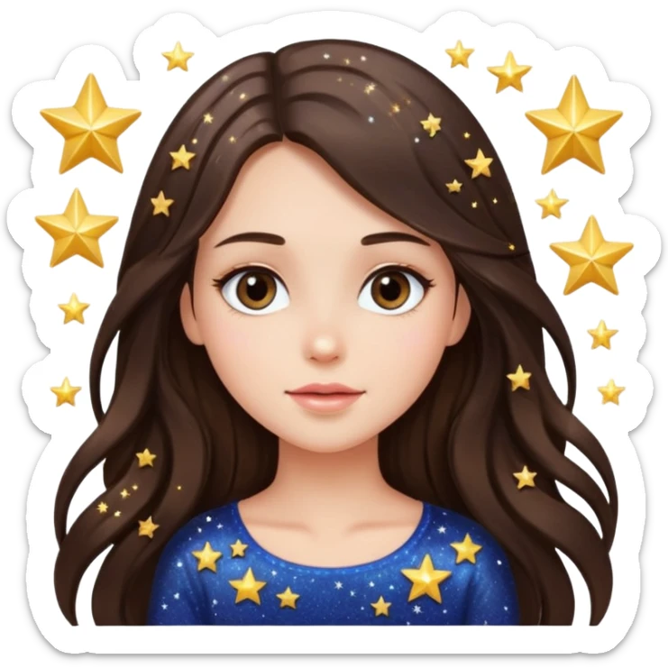 brunette long hair girl sparkling with love glitter and stars instead of eyes sticker