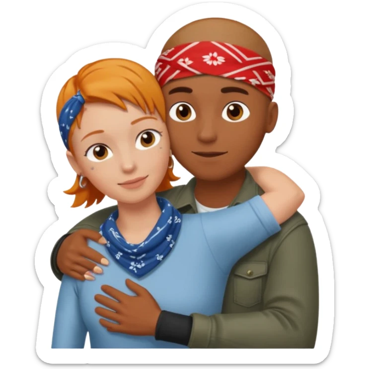 Two people hugging, brown guy with a buzzed cut and bandana, and a white woman with ginger hair sticker