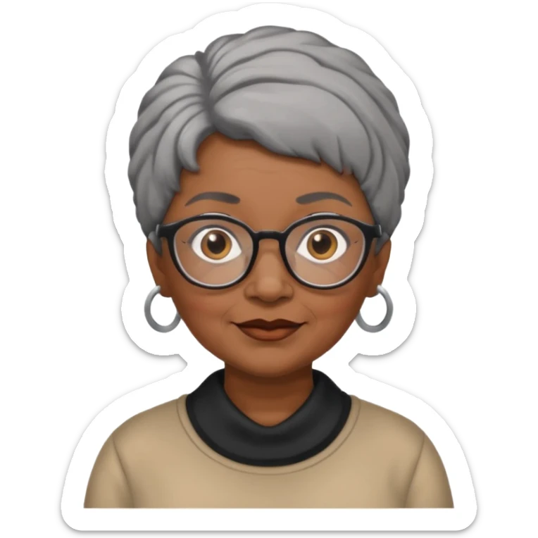 emoji of a black grandma women with black and gray hair in a low ponytail with glasses and brown eyebrows sticker