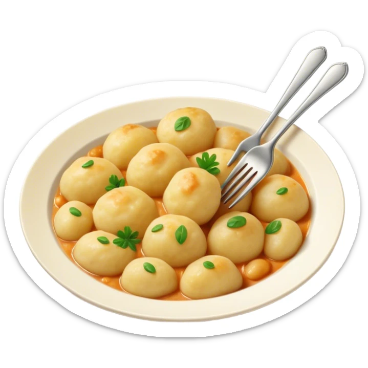 Gnocchi Cinematic Realistic Gnocchi Dish Emoji, depicted as tender potato dumplings garnished with iconic fork marks on top, rendered with soft textures and warm, inviting lighting. sticker