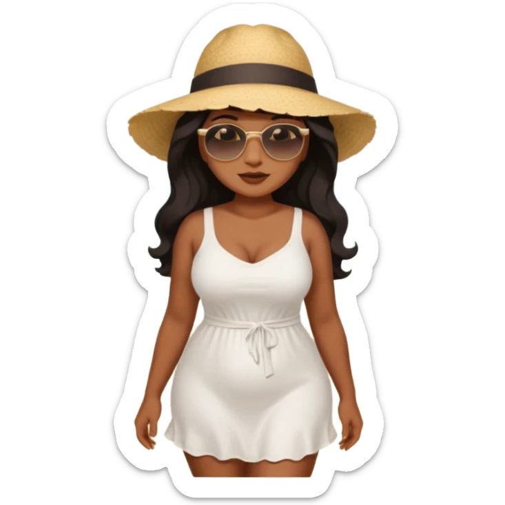 Curvy woman with brown skin with long wavy black hair, brown eyes. She's wearing a white cotton dress standing on a beach sticker