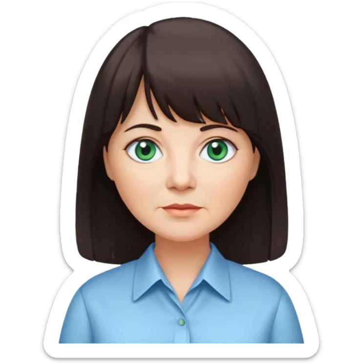 60 yr old woman, blue green eyes, long straight dark brown hair, business shirt, chubby, bangs sticker