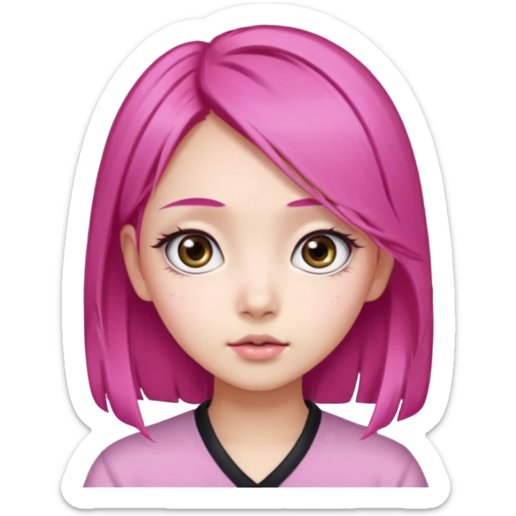 An Asian girl with pink hair, big eyes, thick eyebrows, and long eyelashes; only her head... sticker