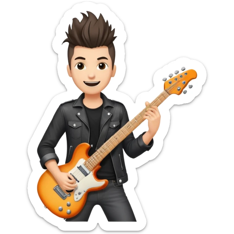 Rockstar musician with a confident smile looking up, electric guitar, cool hairstyle, rock and roll attitude sticker