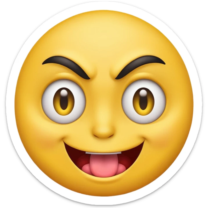A yellow round face emoji smirking with its tounge out but the eyes are evil and kind of crazy and the eyebrows are turned  sticker