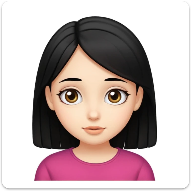 Crear emoji de una chica de piel blanca ojos grandes negro pelo lacio negro con raya al medio tierna, dulce y alegre sticker