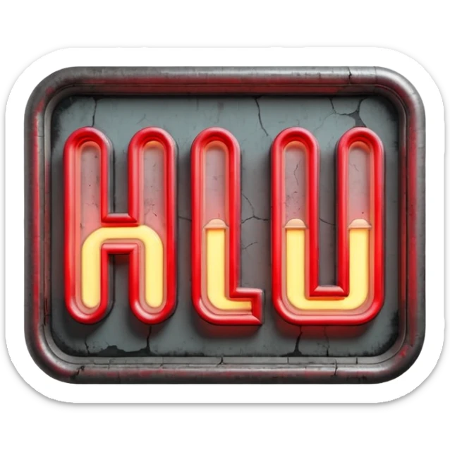 Minimalist emoji-style sticker of a flickering neon sign “HELLWOOD”, cracked letters, some missing, grayscale tubes with only faint glow in faded red

 sticker