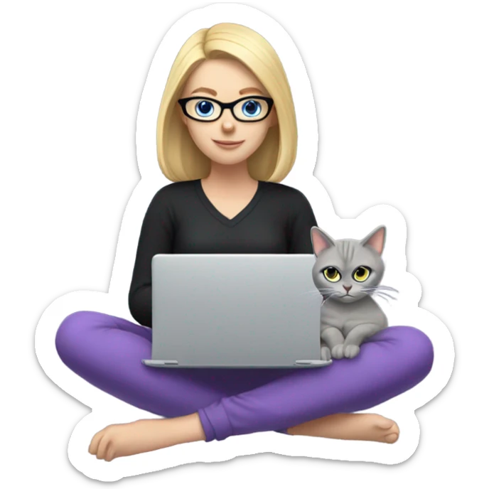 Blonde girl with blue eyes, wearing black glasses and a purple long-sleeve shirt, sitting with a computer and a grey cat. sticker