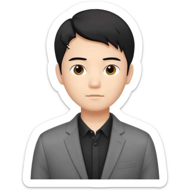 asian young man with black hair middle part haircut in grey blazer and black t-shirt  sticker
