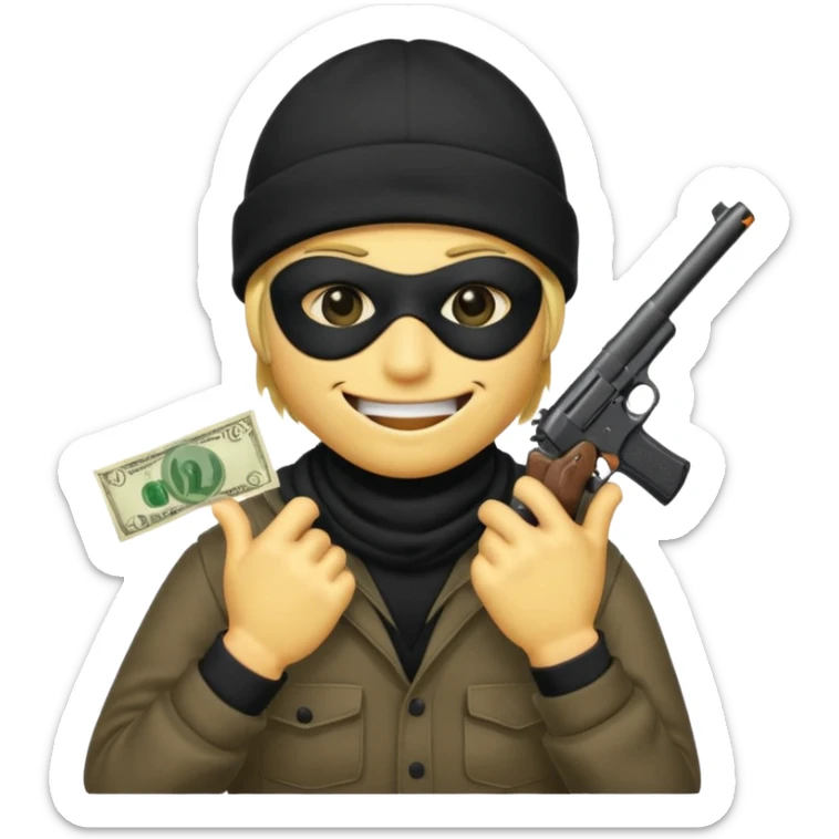 smiley robber wears black eye mask and black beanies with one money bag beside his right side sticker