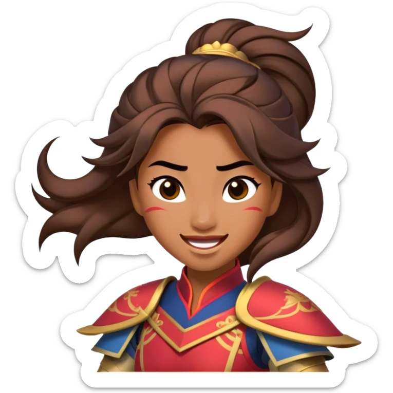 Cinematic Playful Mulan Portrait Emoji, Mid-laugh with a strand of hair falling over her face, adjusting her armor, eyes full of adventure, exuding an irresistible mix of beauty and fun, the perfect blend of warrior and princess! sticker