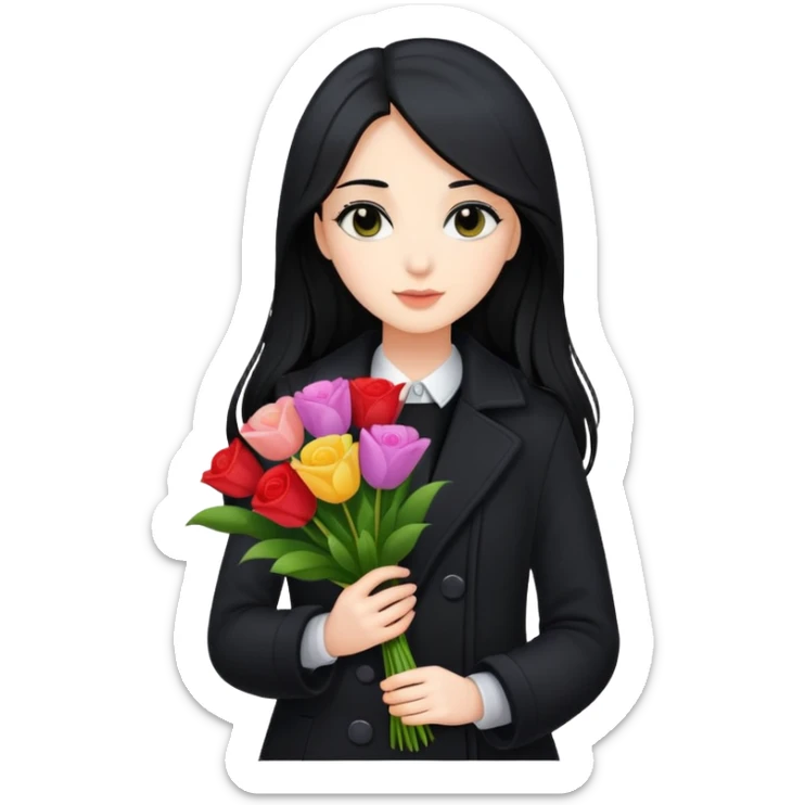 beautiful girl with long black hair wearing a black coat holding a bouquet of flowers sticker