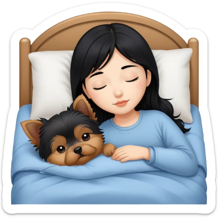 pretty asian girl with black hair sleeping in bed with small yorkshire terrier sticker