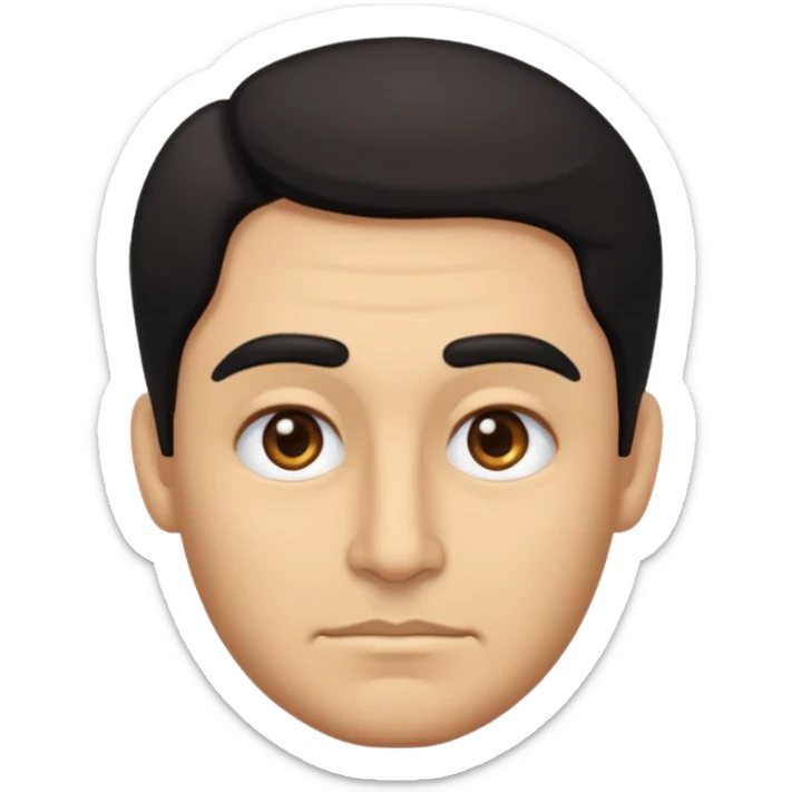 emoji a medio cuerpo hasta la cintura, hombros anchos, de un hombre, con cejas gruesas inclinadas hacia abajo, nariz medio grande, hombros anchos, sin sonrisa, hombros anchos, cabello medio ondulado con un corte juvenil, cabello negro. ojos negros. sticker