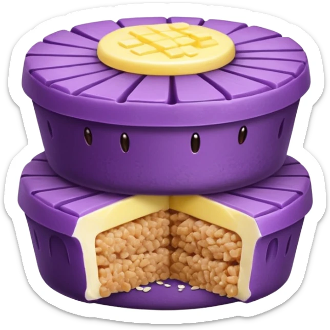Create an emoji-style illustration of puto bumbong. Purple steamed rice cakes stacked together, topped with butter, grated coconut, and brown sugar. Cute, clean, iOS-style emoji look sticker